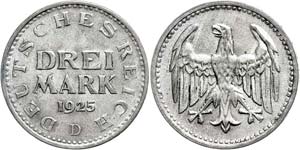 Münzen Weimar  3 Mark, 1925, D, J. 312, vz, ... 