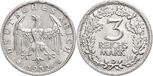 Münzen Weimar  3 Mark, 1932, Prägung D, ... 