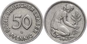 Münzen Bund ab 1946  50 Pfennig, 1950, Bank ... 