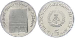 GDR  5 Mark, 1983, Luthers birthplace in ... 
