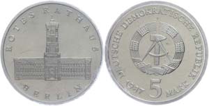 GDR  5 Mark, 1987, red city hall Berlin, in ... 