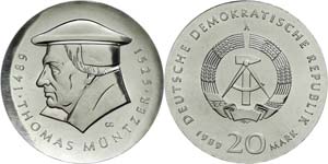 Münzen DDR  20 Mark, 1989, Thomas Müntzer, ... 
