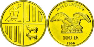 Andorra  100 Diners, Gold, 2006, Av: Adler ... 