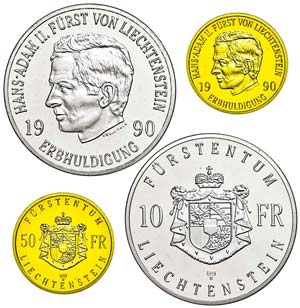Liechtenstein  10 und 50 Franken, Silber und ... 