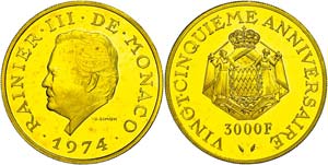 Monaco  3000 Franc, Gold, 1974, Rainier ... 