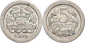 Niederlande  5 Cent, 1909, Wilhelmina, ... 