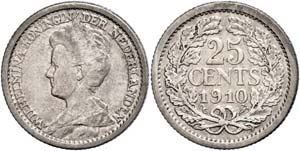 Niederlande  25 Cent, 1910, Wilhelmina, ... 