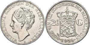 Niederlande  2 1/2 Gulden, 1938, Wilhelmina, ... 