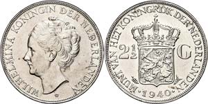 Niederlande  2 1/2 Gulden, 1940, Wilhelmina, ... 
