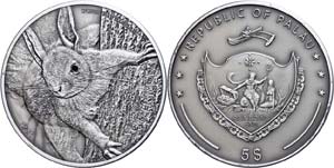 Palau  5 Dollars, 2012, red squirrel, 1 ... 