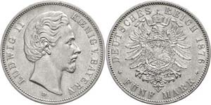 Bavaria 5 Mark, 1876, Ludwig II., small edge ... 