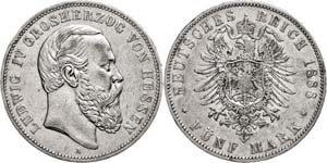 Hesse 5 Mark, 1888, Ludwig IV., edge nick, ... 