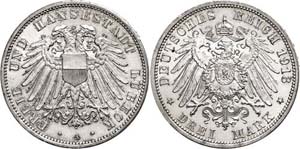 Lübeck 3 Mark, 1913, extremly fine to ... 