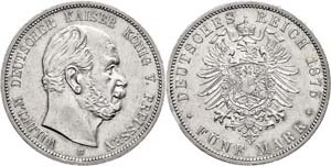 Prussia 5 Mark, 1875, B, Wilhelm I., edge ... 