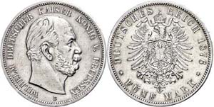 Prussia 5 Mark, 1876, B, Wilhelm I., margin ... 