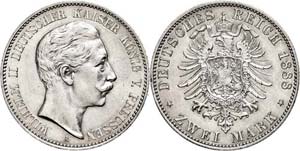 Prussia 2 Mark, 1888, Wilhelm II., a little ... 
