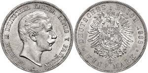 Prussia 5 Mark, 1888, Wilhelm II., extremley ... 