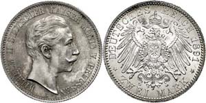 Prussia 2 Mark, 1891, Wilhelm II., small ... 