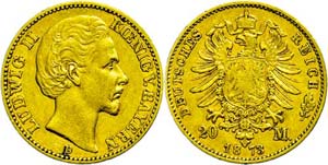Bavaria 20 Mark, 1873, Ludwig II., small ... 