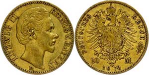 Bavaria 20 Mark, 1873, Ludwig II., s very ... 