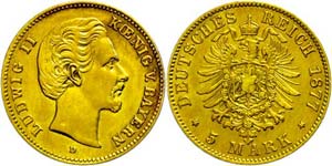 Bavaria 5 Mark, 1877, Ludwig II., scratch, ... 