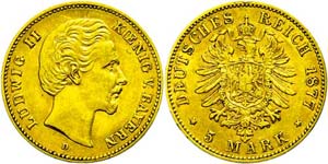 Bavaria 5 Mark, 1877, Ludwig II., very ... 