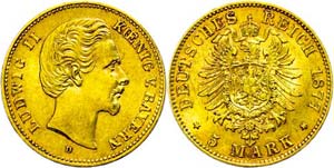 Bavaria 5 Mark, 1877, Ludwig II., extremley ... 