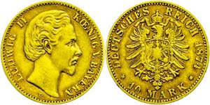 Bavaria 10 Mark, 1874, Ludwig II., small ... 