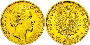 Bavaria 10 Mark, 1875, Ludwig II., small ... 