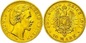 Bavaria 10 Mark, 1877, Ludwig II., small ... 