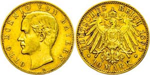 Bavaria 10 Mark, 1890, Otto, very fine to ... 
