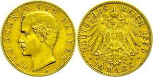 Bavaria 10 Mark, 1890, Otto, very fine., ... 