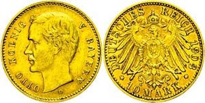 Bavaria 10 Mark, 1903, Otto, watermark. Edge ... 