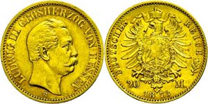 Hessen 20 Mark, 1873, Ludwig II., kl. Rf., ... 