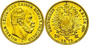 Prussia 20 Mark, 1872, Wilhelm I., small ... 