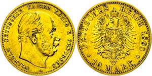 Prussia 10 Mark, 1880, Wilhelm I., edge ... 
