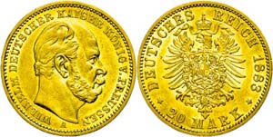 Prussia 20 Mark, 1883, A, Wilhelm I., small ... 