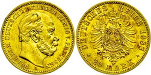 Prussia 20 Mark, 1883, Wilhelm I., small ... 