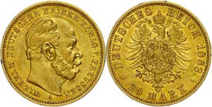 Prussia 20 Mark, 1883 A, Wilhelm I., very ... 