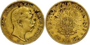 Prussia 20 Mark, 1889, Wilhelm II., plaque, ... 