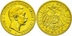 Prussia 10 Mark, 1898, Wilhelm II., cleaned, ... 