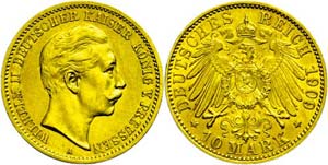 Prussia 10 Mark, 1909, Wilhelm II., aversum ... 