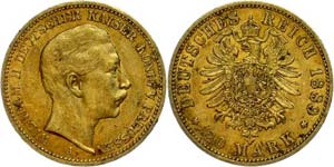 Prussia 20 Mark, 1889, Wilhelm II., small ... 