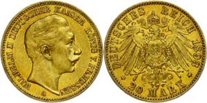 Prussia 20 Mark, 1893, Wilhelm II., very ... 