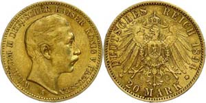 Prussia 20 Mark, 1894, Wilhelm II., small ... 