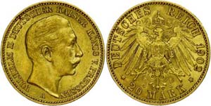 Prussia 20 Mark, 1902 A, Wilhelm II., small ... 