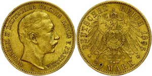 Prussia 20 Mark, 1905, Wilhelm II., small ... 