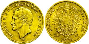 Saxony 20 Mark, 1872, Johann, very fine., ... 