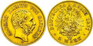 Saxony 5 Mark, 1877, Albert, cancellation ... 