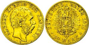 Sachsen 10 Mark, 1874, Albert, Avers leicht ... 
